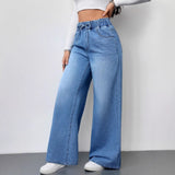 Women's washed solid color high-waisted wide-leg pants - elastic waist, loose fit, slimming, long jeans for women (cross-border e-commerce)
