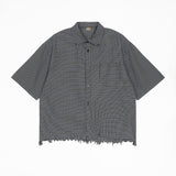 Etai men's fashionable brand fine grids pattern damaged hem shirt short sleeve men's summer thin men's casual boxy shirt