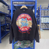 Saint m hoodie - spring/autumn s.m. crewneck sweatshirt with round graphic, letter print, ribbed trim, and distressed finish