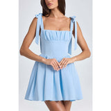 Women's summer fashion dress: european and american style, square neck, high waist, pleated patchwork, bowknot strap dress