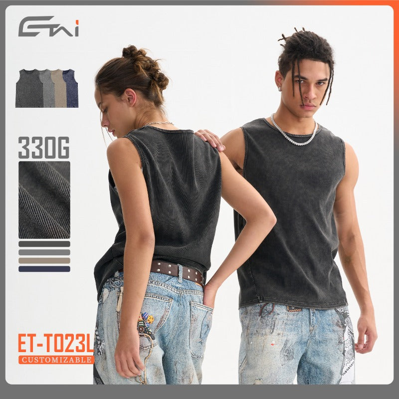 Etai men's clothing solid color retro slim-fit heavyweight tank top with washed and distressed patchwork ribbed detail