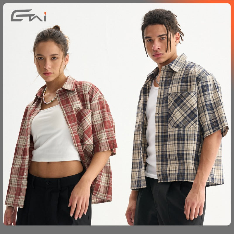 Etai men's clothing trendy color block short plaid short sleeve shirt - high quality spring/summer style - couple's boxy shirt