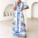 Women's summer dress - european and american style, cross-border e-commerce, casual fashion, printed, turn-down collar, women's long dress