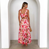 Women's dress: foreign trade vintage sleeveless cropped bandeau cami top with printed high-waisted midi skirt two-piece set
