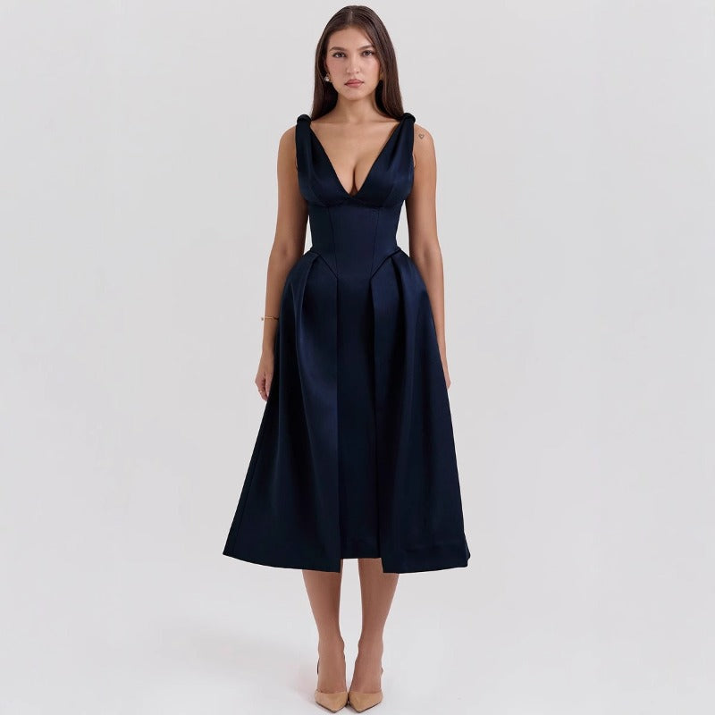 Women's summer dress - slim fit camisole maxi dress - european & american style fashion - solid color v-neck elegant dress