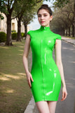 Women Latex Dress Bodycon green High Collar