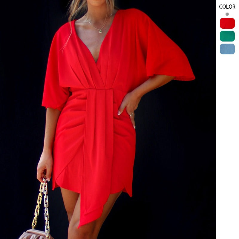 Women's dress - european & american cross-border amazon style - summer solid color elegant asymmetrical slim-fit dress