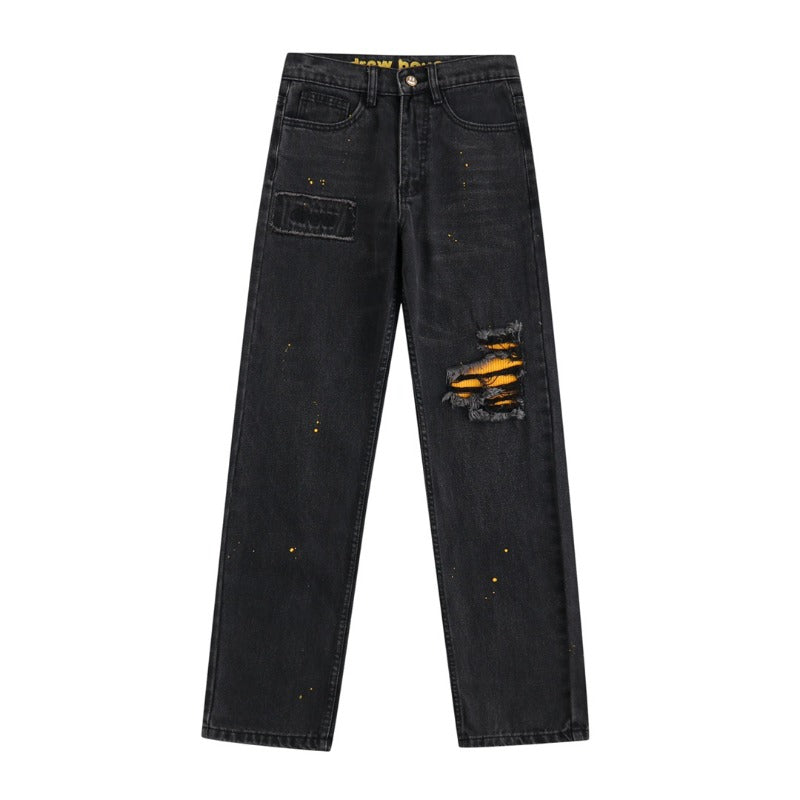 Drew house pants spring & fall fog high street smiley hole denim pants