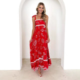 Women's dress - cross-border e-commerce, european & american style, floral print, wavy tie-up straps, a-line dress, elegant women's dress