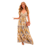 Women's dress - european & american export - sibyl style vintage maxi dress - cinched waist floral print swing dress