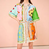 Women's dress - cross-border spring/summer collection - amazon us/eu premium printed holiday dress - notch collar, cinched waist, short sleeve