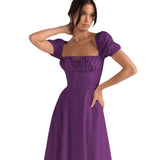 Women's high-waisted summer dress - european & american style - amazon fashion - slimming, elegant, bubble sleeve, tie-waist short sleeve dress
