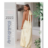 Women's dress - cross-border fashion: spring/summer european & american style - sexy, cinched waist, halter neck, slit, long satin sleeveless dress for women