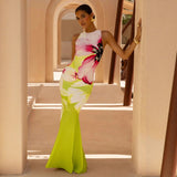 Women's dress - european & american style, high-end elegant floral print, round neck, sleeveless, slim fit, mermaid tail maxi dress