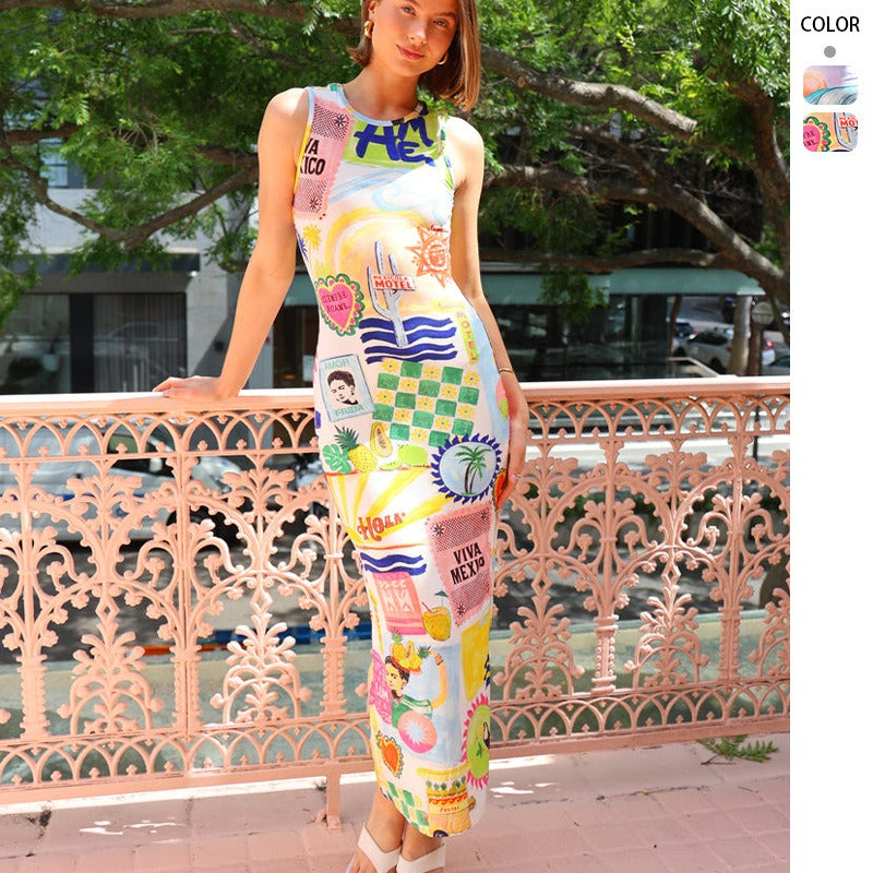 Women's dress - cross-border fashion: european & american style, streetwear, unique & colorful floral print, sleeveless, sexy & slim-fit dress