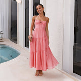 Women's dress - cross-border european & american style, patchwork camisole maxi dress with open back, tie detail, and full skirt. fully lined