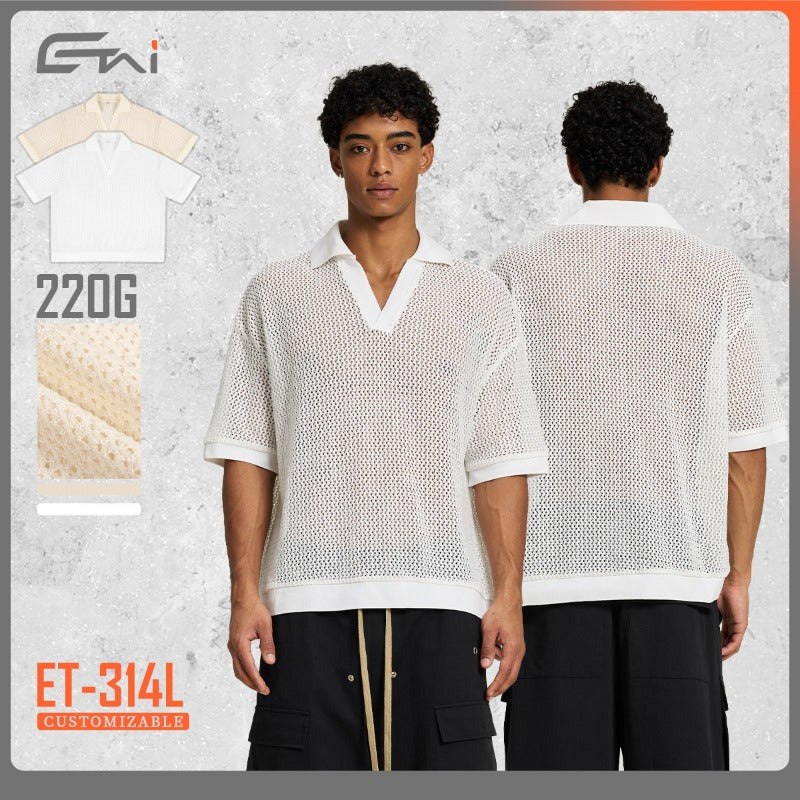 Etai men's relaxed fit turn-down collar short sleeve textured knit polo shirt - trendy brand, high-quality summer boxy tee