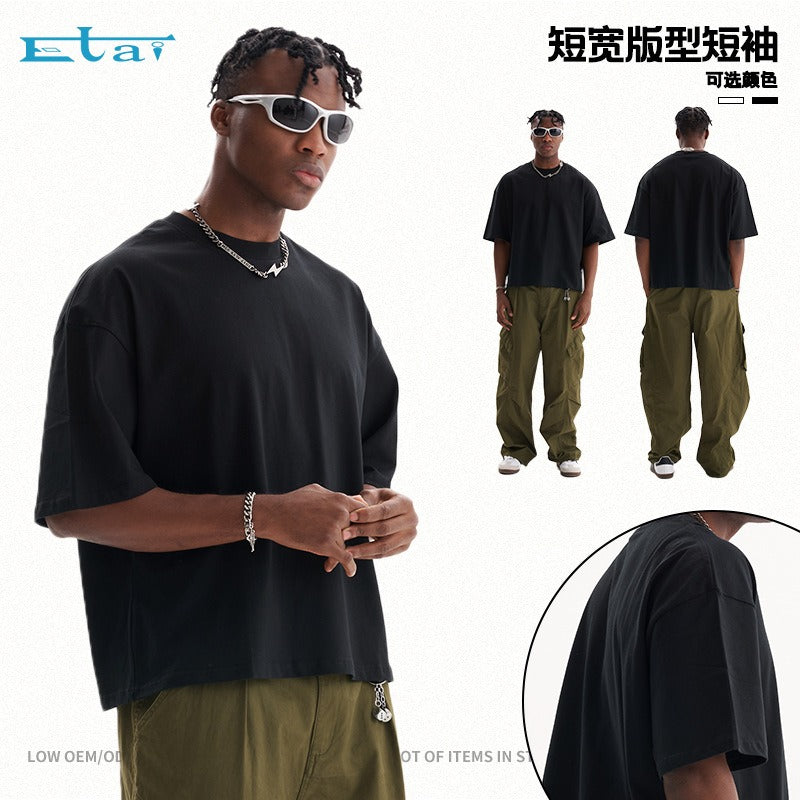 Youth short wide popular style heavy weightpure cotton short-sleeved high quality loose street style men short-sleeved t-shirt