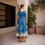 Women's dress: european and american cross-border independent station aliexpress personalized floral linen lantern sleeve fashionable cinched waist round neck dress