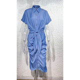 Women's dress european and american cross-border mid-length skirt shirt collar slit pleated silm washed denim dress