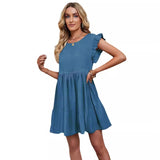 Women's dress - in-house photography, european & american style, solid color crew neck, ruffle sleeve, amazon export, spring/summer dress
