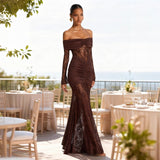 Women's dress: european and american style, elegant lace off-the-shoulder maxi dress, fashionable sexy long sleeve backless slim-fit dress for women