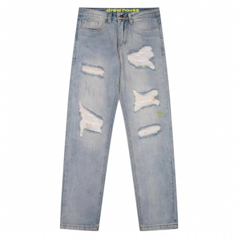 Drew house pants spring & fall d@ew smiley hole straight-legcasualjeans