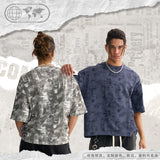 Etai men's clothing trendy distressed denim style boxy short sleeve men's t-shirt heavyweight pure cotton denim texture men's short sleeve
