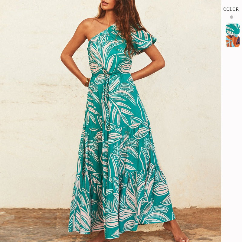 Women's dress - cross-border european & american fashion - amazon spring/summer one-shoulder resort style floral high-end dress - women's skirt
