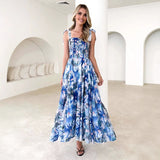 Women's dress spring and summer women's clothing cross-border suspenders elastic waist shoulder straps large swing long printingdress skirt women