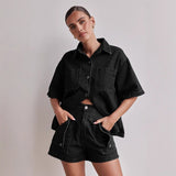 Women's pants: summer amazon cross-border european and american style casual retro loose shirt & denim shorts set - denim women's