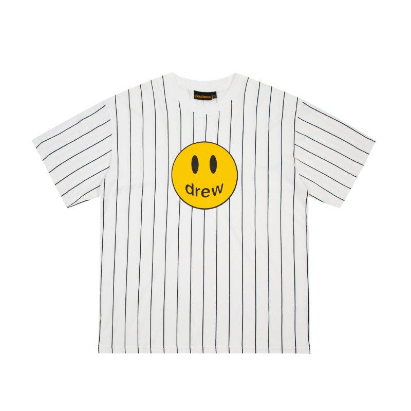 Drew house t-shirt - spring/summer d@ew striped smiley face letter print crew neck pullover short sleeve