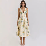 Women's dress: summer amazon hot seller - slim waist, halter neck, structured, backless, drawstring tie, bandeau, spaghetti strap dress