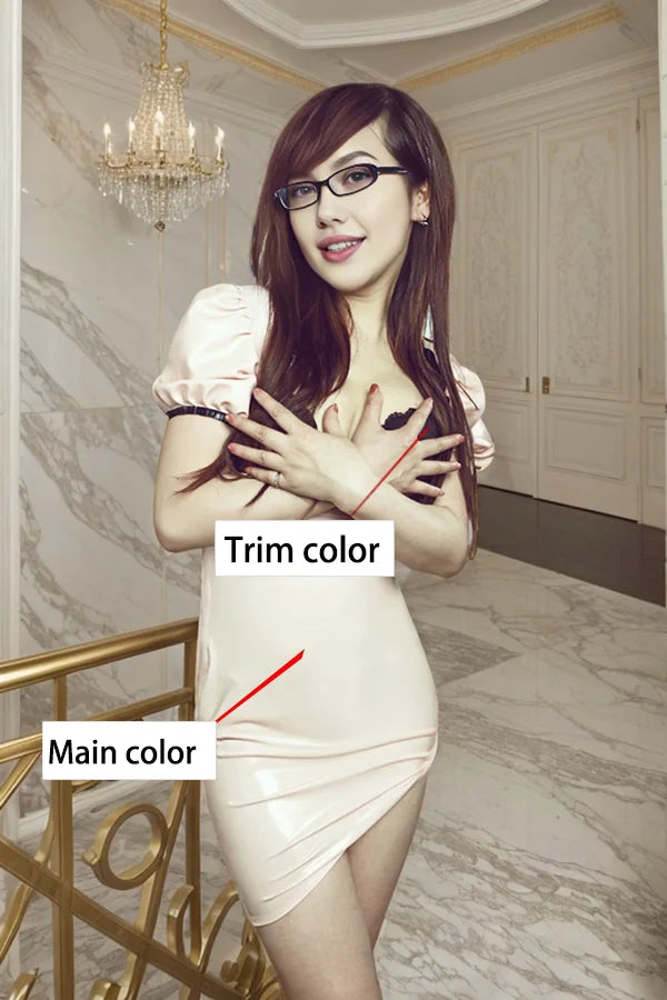 Women Pink Latex Dress Open Bust Puff Sleeves