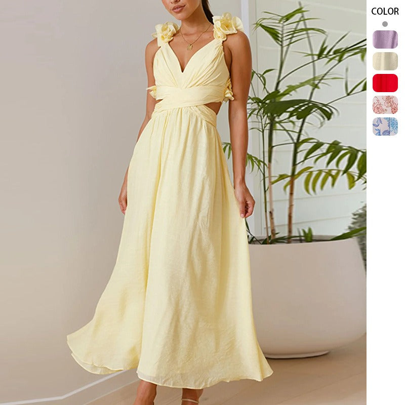 Women's chiffon floral dress - summer bestseller: backless, criss-cross tie, ruched, maxi dress