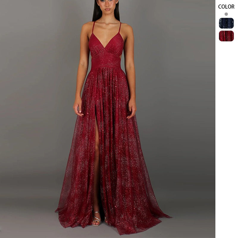 Women's dress - european & american cross-border fashion - amazon long sleeveless bandeau dress with gold accents, sexy spaghetti straps, and flowy skirt