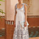 Women's vintage floral print tie-up cami maxi dress - summer bohemian style