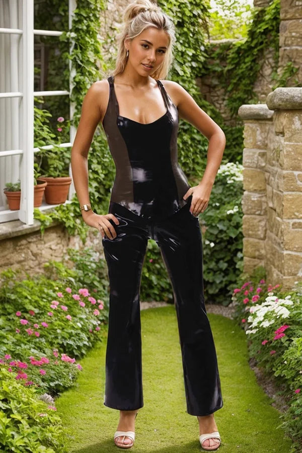 Women Latex Tops Sleeveless Color Blocked