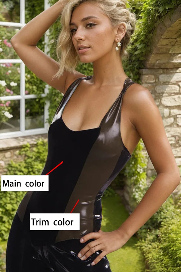 Women Latex Tops Sleeveless Color Blocked