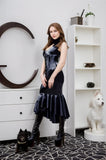 Women Latex Dress Ruffled Hem Black