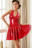 Women Red Latex Dress Backless Halter Flare