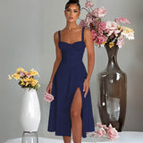 Women's dress - european & american amazon spring/summer fashion casual tie-waist slim-fit slit cami high-end dress