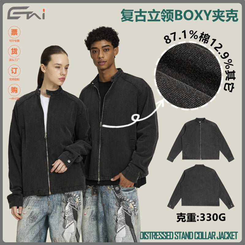 Street stand-up collar jacket distressed men's outwearfall and winteramerican retroboxy short wide tops