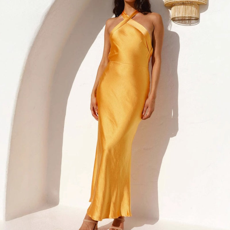 Women's dress - cross-border summer amazon fashion dress - slimming solid color camisole halter neck banquet satin gown
