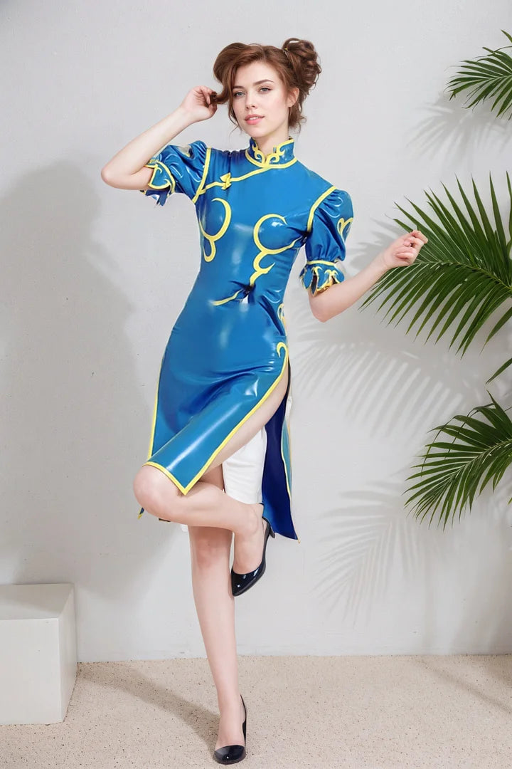 Women Latex Dress Street Fighter Cosplay Bodycon Cheongsam