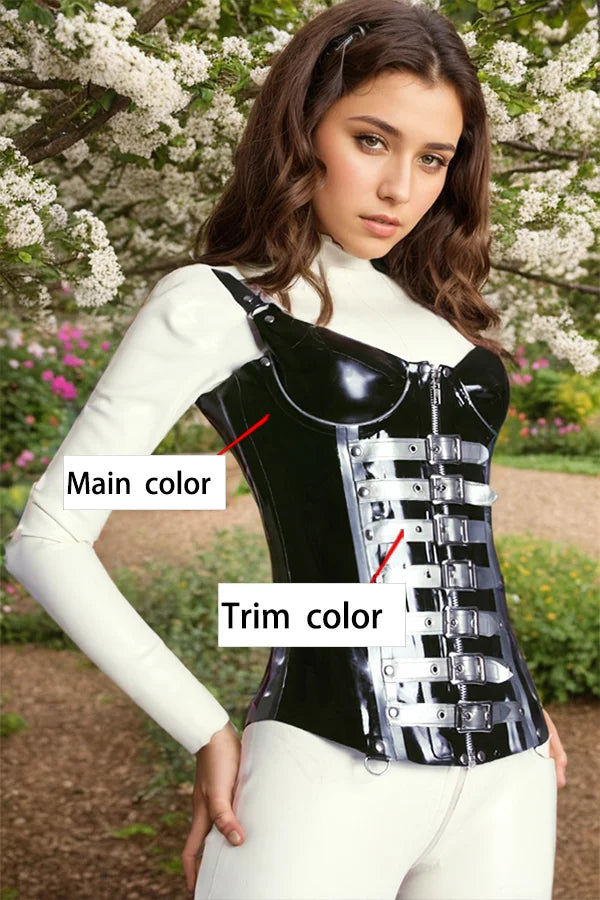 Women Latex Corsets Serpentine Strap Design Black