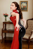 Women Latex Dress TwoTone Bust CutOut Mermaid Gown