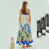 Women's dress - european & american style, cross-border aliexpress, independent website, sexy spaghetti strap, graffiti cotton linen print, maxi swing dress for women