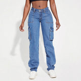 Women's pants: cross-border e-commerce american retro mid-rise multi-pocket cargo jeans, women's casual straight-leg trousers