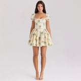 Women's summer fashion elegant square neck slim-fit printed mesh lace bubble sleeve waist-cinching dress